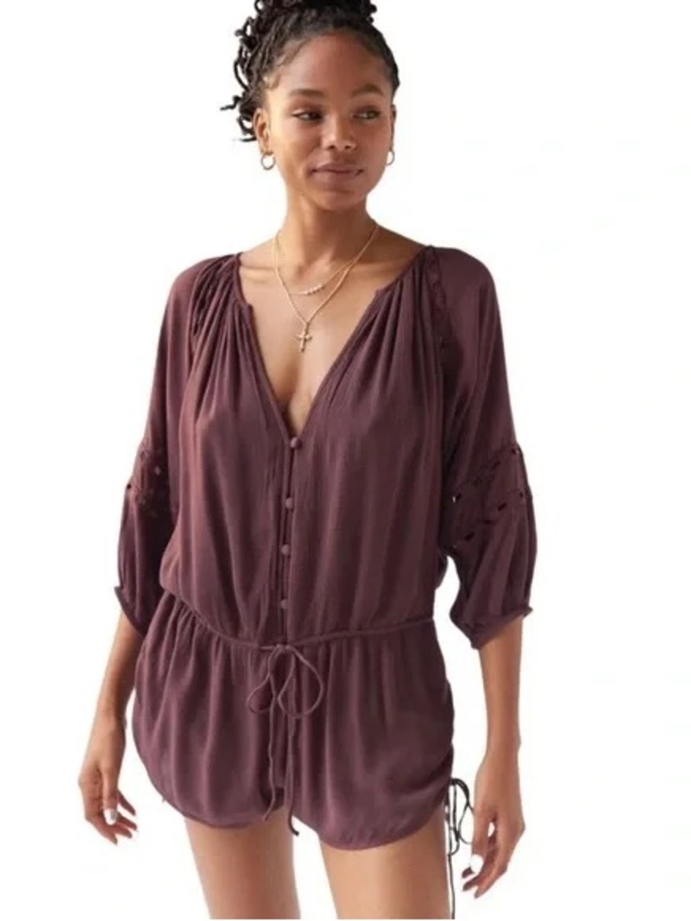 Urban Outfitters - Junie Bohemian Lace Detail Button Front Short Romper Size Sm